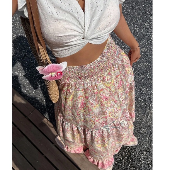 Boho Paisley Print Stretchy High Waisted Ruffle Hem Maxi Skirt - Picture 2 of 4